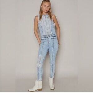 NWOT Rare POL Lace Light Blue‎ Denim jean Sleeveless Stretch Zipper Jumpsuit S